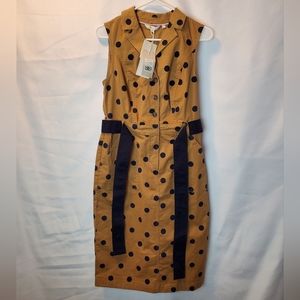 BODEN Tan Black Polka Dot Edith Sleeveless Notched Collar Belted Sheath  6M Flaw